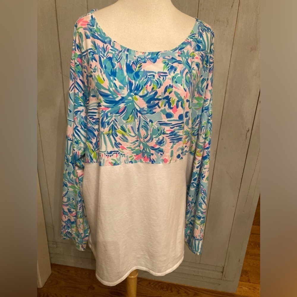 Lilly Pulitzer Finn Top Long Sleeve Cotton Blend Blue &‎ White Floral S-XXL